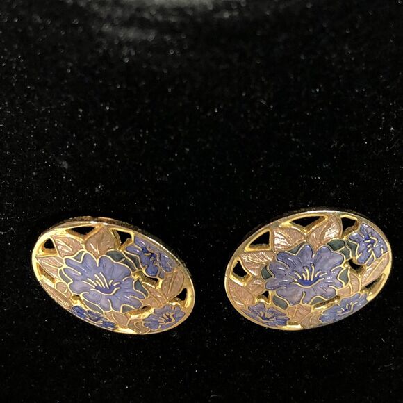 Retro Enamel Purple Earrings Gold Flower Circle Pierced Cutouts, Fish and Crown - Picture 5 of 8